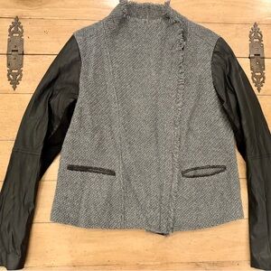 Vince Gray Tweed Jacket with Black Leather Sleeves Size M